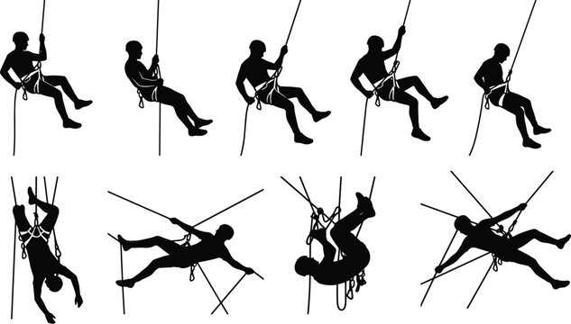 Rope access worker silhouettes set industrial climbers rappelling and performing aerial tasks vector collection for safety and construction design