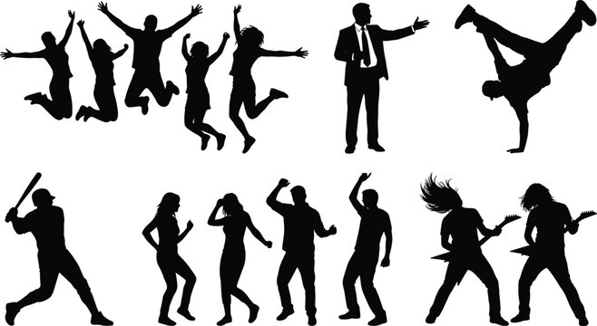 People action silhouettes collection jumping dancing playing music and sports figures vector set for energetic lifestyle design