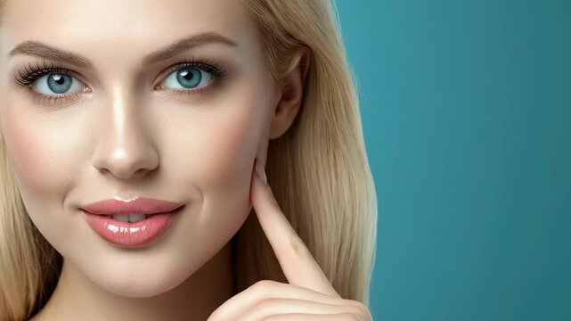 Close-up of young caucasian woman with blonde hair and blue eyes touching face
