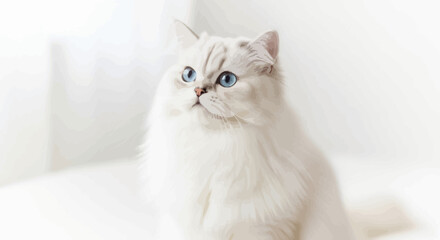 Fototapeta premium A stunning purebred Persian cat with striking blue eyes sits elegantly in a bright, soft-focus environment