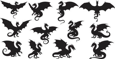 Fototapeta premium Dragon Silhouette Set, Flying Fantasy Creature Icons Vector