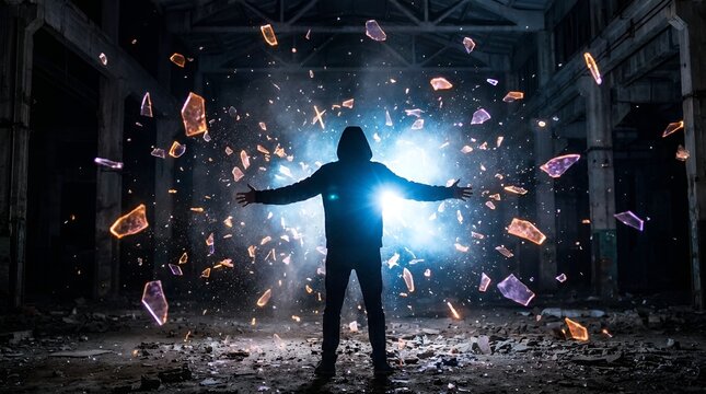 Silhouette of a hooded person with arms outstretched amidst exploding shards of light and debris