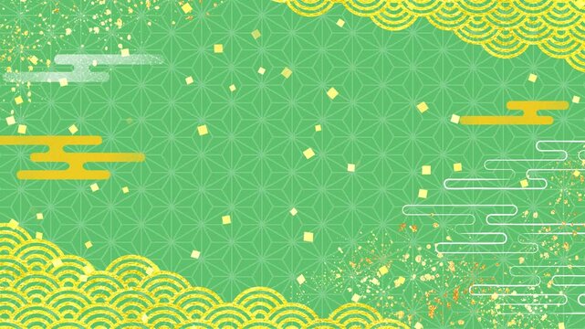 和柄　緑　金箔　麻の葉　青海波　文様　紙吹雪　和風　爽やか　高級感　豪華　和　枠　キラキラ　おしゃれ　お中元　こどもの日　年賀　正月　Japanese pattern.Green and gold background.Loop video.