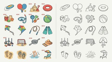 Collection of colorful and outlined summer vacation and beach activity icons, including toys, sports equipment, and relaxation items. © Renald