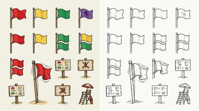 Collection of colorful flags, beach signs, and lifeguard equipment, presented in both colored and sketch styles.