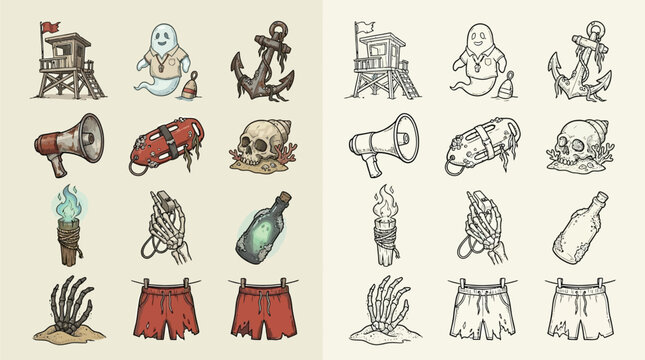 A collection of spooky and nautical-themed icons, featuring a ghost, lifeguard tower, anchor, skull, and other related elements, presented in both colored and sketch versions.