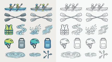 Collection of colorful and monochrome illustrations depicting various elements related to water sports and outdoor adventures, including kayaks, paddles, life vests, helmets, and water splashes. © Renald