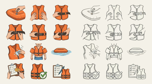 Step-by-step illustration of how to properly wear and secure a life jacket, including inflation and safety checks.