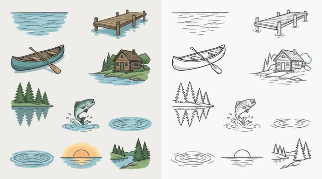 Collection of hand-drawn illustrations depicting a serene lakeside scene with elements like a canoe, fishing, a cabin, and natural landscapes.