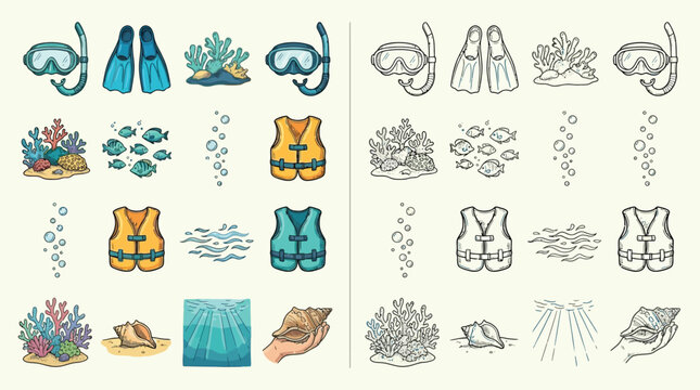 Collection of colorful and monochrome illustrations depicting various underwater and diving equipment elements, including masks, fins, coral reefs, fish, life vests, and seashells.