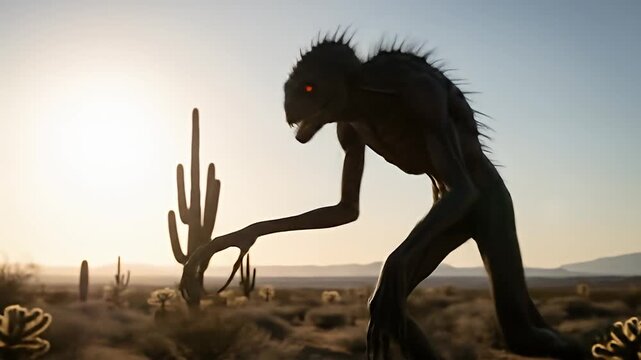 Eerie, gaunt creature with glowing eyes prowls a desert landscape at sunset