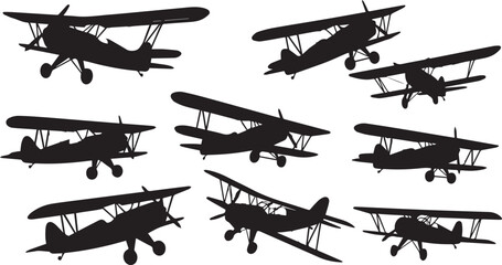 Vintage Biplane Silhouettes Set, Retro Airplane Icons © Vector 4 You