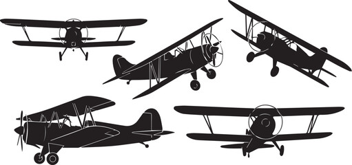 Vintage Biplane Silhouette Icon Set Retro Airplane Vector © Vector 4 You