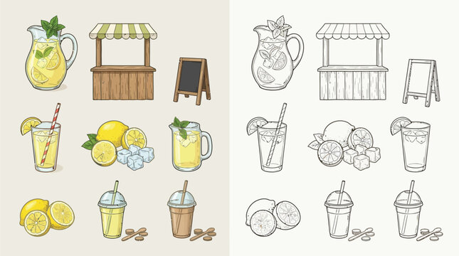 Collection of colorful and black and white illustrations depicting a lemonade stand with drinks, lemons, and ice cubes.