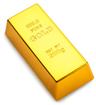One shiny gold bullion bar isolated on a white background. Clipping path