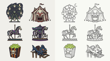 A collection of creepy carnival and amusement park illustrations, featuring a Ferris wheel, circus tent, carousel, and rides, presented in both colored and line-art versions. © Renald