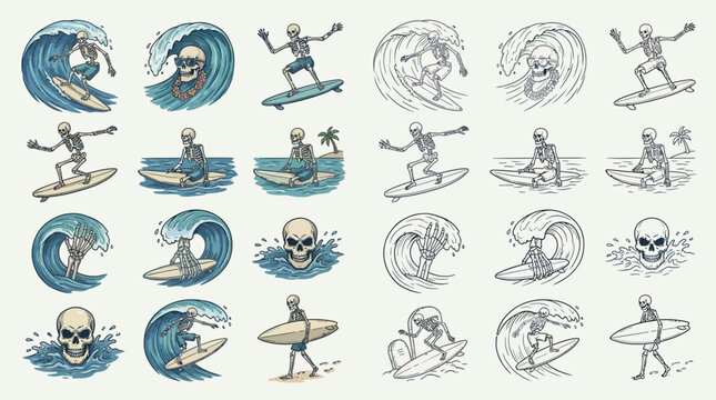 A collection of stylized illustrations featuring skeletons surfing on waves and standing on surfboards, some with skulls incorporated into the ocean waves.