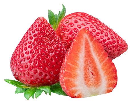 Strawberries with strawberry sliced half isolated on a white background. Clipping path.