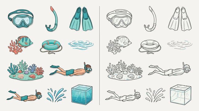 Collection of colorful and monochrome illustrations depicting snorkeling and underwater activities, including divers, marine life, and equipment.