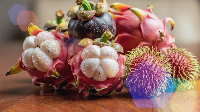 Exotic Tropical Fruits Assortment on Wooden Surface.