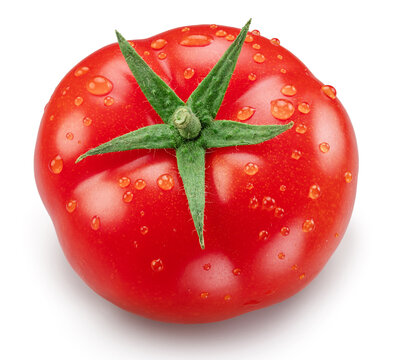 One ripe ideal tomato with water drops isolated on a white background with clipping path.