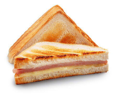 Delicious grilled ham and cheese sandwich cut into triangles and isolated on a white background