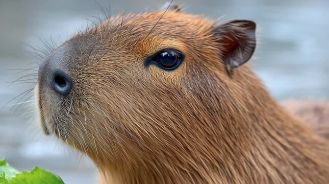 Close-up of a capybara's face outdoors.