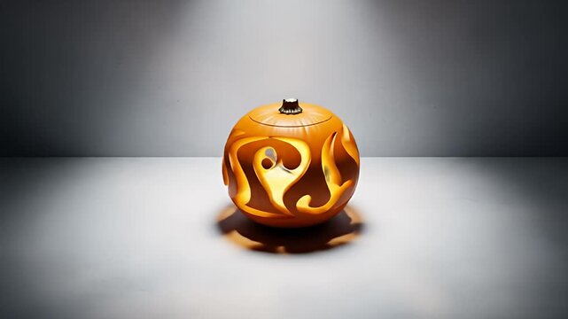Carved pumpkin with sinuous pattern glows in a dark room with dramatic lighting