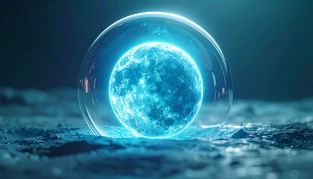 Encapsulated Energy: A luminous blue orb encased within a transparent sphere, radiating a vibrant energy over a textured surface.