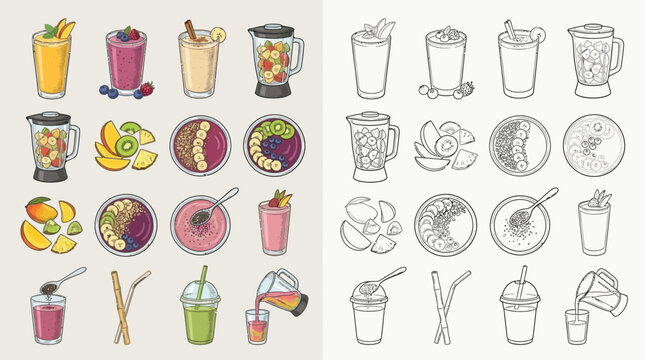 Collection of colorful and monochrome illustrations depicting various smoothie ingredients, blended drinks, and smoothie bowls, alongside blenders and serving accessories.