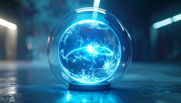 Energy Core Enclosed: A luminous core of potent energy is contained within a transparent orb, illuminating the surrounding space and hinting at immense power and futuristic technology.
