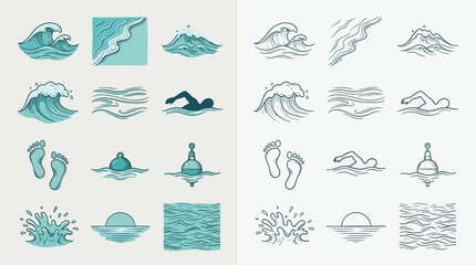 Collection of stylized illustrations depicting various water-related elements and activities, including waves, swimmers, and buoys. © Renald