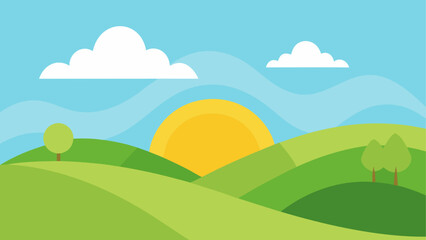 Obraz premium Sunset over green hills with fluffy white clouds in blue sky