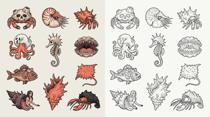 Collection of colorful and detailed illustrations of various marine creatures and shells, presented in both colored and line-art versions. © Renald