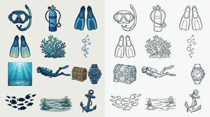 Collection of colorful and line-art illustrations depicting scuba diving equipment, marine life, and underwater scenes. © Renald