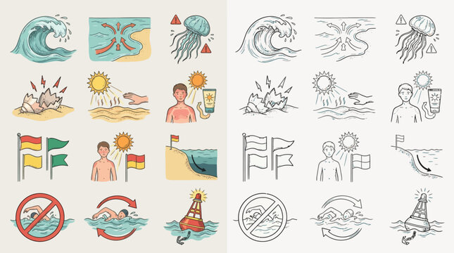 Collection of beach safety icons illustrating waves, jellyfish, sun exposure, flags, and swimming warnings.