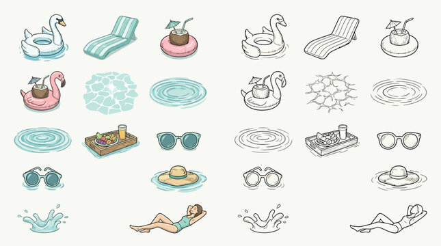 A collection of charming, hand-drawn illustrations depicting various elements associated with a relaxing day by the pool or at the beach.