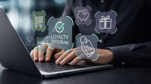 Customer loyalty program and digital marketing concept. Analysis of rewards, discounts and customer retention. Businessman using laptop for analyzing loyalty program.