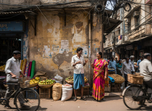 Indian man and woman talking in bustling local market street. Vendor selling fruit and vegetable. Cultural street life scene in traditional clothing. Urban poverty and daily routine.