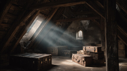 A dusty old attic in an old house with wooden beams and what looked like some wooden crates inside. © nirwati