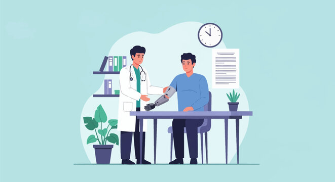 Flat vector illustration of a male doctor in a white lab coat with a stethoscope assisting a patient with a robotic bionic prosthetic arm in a modern medical clinic office setting.