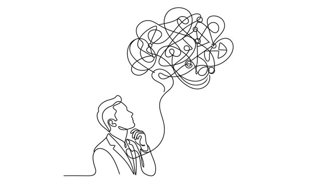 Continuous line drawing of a businessman thinking about complex problems.