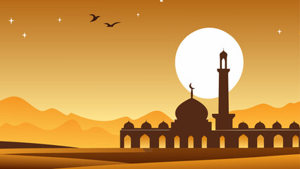 Mosque at sunset with full moon and flying birds © Devili