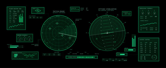 Futuristic Fighter Bomber HUD Cockpit Interface. Military aircraft HUD with radar, attitude, engine telemetry and system control panels for aviation. Futuristic vector GUI, HUD, UI interface. © 24 std