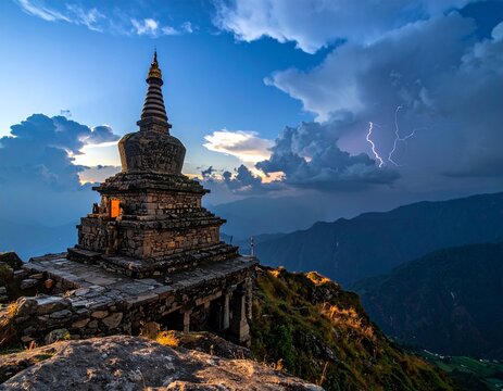 Bijli Mahadev Temple Kullu Hilltop Temple Tall Flagpole Open Meadow Himalayan View Real Scene