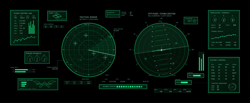 Futuristic Fighter Bomber HUD Cockpit Interface. Military aircraft HUD with radar, attitude, engine telemetry and system control panels for aviation. Futuristic vector GUI, HUD, UI interface.