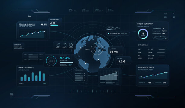 Earth Globe 3D hologram with HUD, UI. Global satellite network data interface. Futuristic digital dashboard showing Earth, orbit tracking, uplink data, charts and analytics panels. Vector Sci-fi HUD