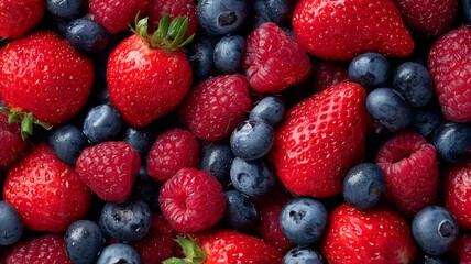 Obraz premium Vibrant background of mixed fresh berries, close-up of ripe strawberries, blueberries, and raspberries with water droplets, healthy organic fruit pattern.