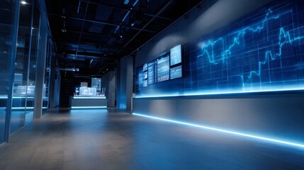 Fototapeta premium A sleek futuristic corporate hallway featuring glowing blue digital data visualizations and advanced technology displays