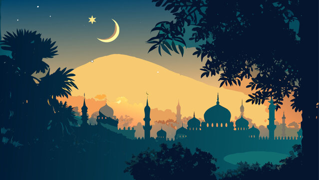 Full moon rising over ancient temple at sunset with trees